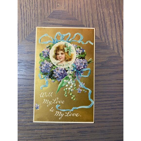 With My Love to My Love, Girl in Round Floral Frame, Vintage Victorian Postcard, - Picture 1 of 2